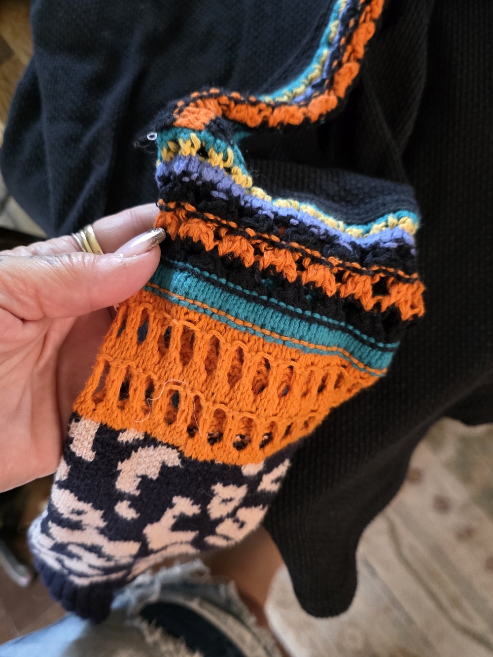 Free People Black Crew Sweater with Orange, Teal & Navy Crochet Sleeves - Picture 3 of 3